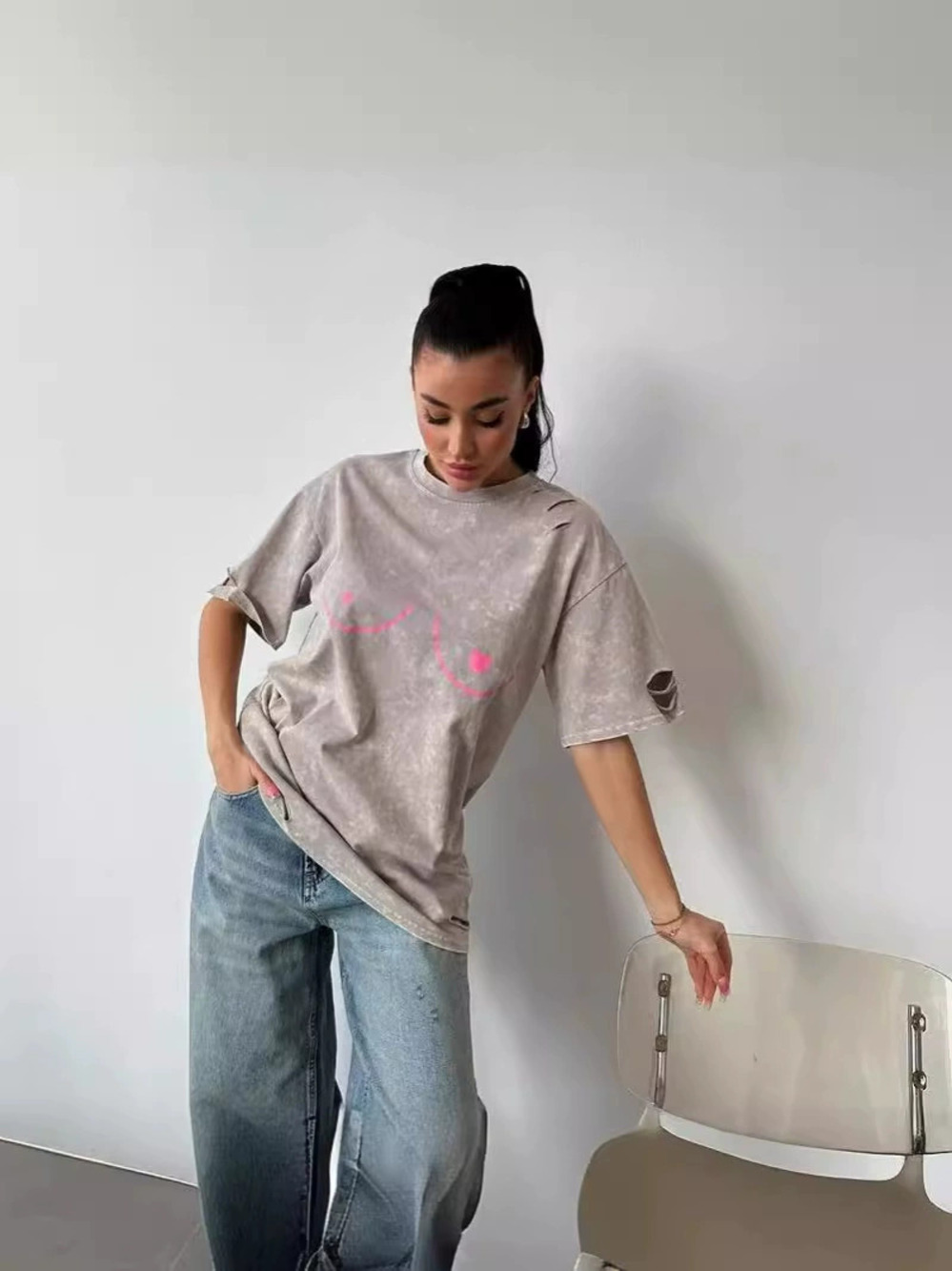Zara Vintage Washed Distressed Chest Print Tee Spring Summer Loose